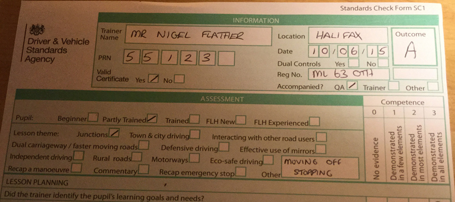 DVSA Standards Check form SC1 for trainer Mr Nigel Flather, Halifax, PRN 55123, dated 10 June 2015, with an outcome of Grade A
