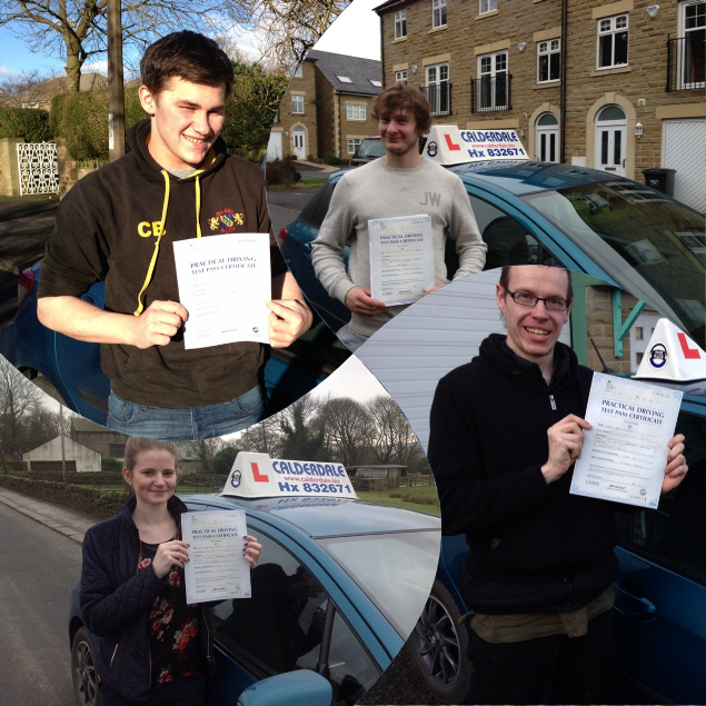 Four Calderdale School of Motoring pupils holding their practical driving test pass certificates beside the school car